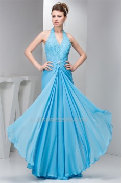 Elegant Beading 100D Chiffon Halter Long Blue Bridesmaid Dresses 02010092