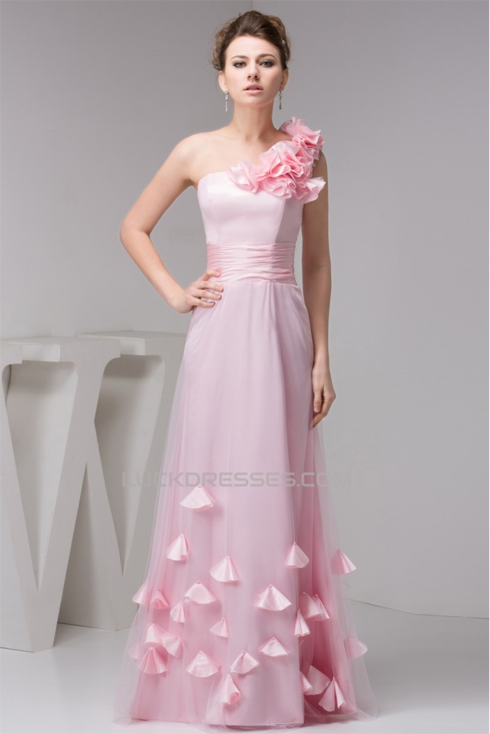 A-Line One-Shoulder Fine Netting Sleeveless Long Pink Bridesmaid Dresses 02010111
