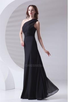 A-Line Sleeveless Floor-Length One-Shoulder Long Black Chiffon Bridesmaid Dresses 02010157