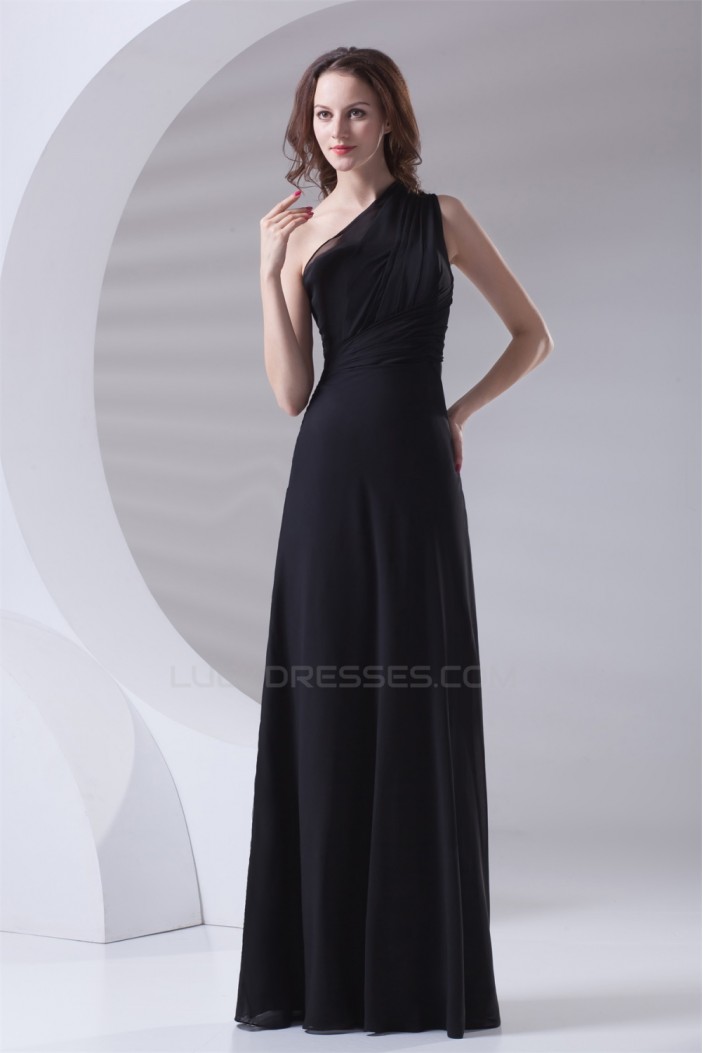 A-Line Sleeveless Floor-Length One-Shoulder Long Black Chiffon Bridesmaid Dresses 02010157
