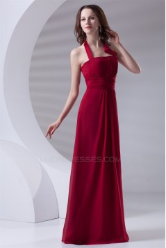 A-Line Halter Sleeveless Ruched Chiffon Long Red Bridesmaid Dresses 02010165