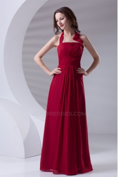 A-Line Halter Sleeveless Ruched Chiffon Long Red Bridesmaid Dresses 02010165