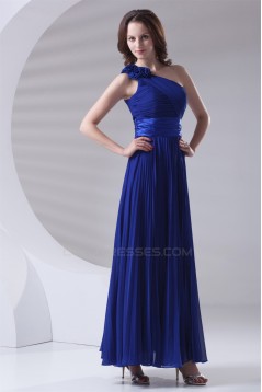 One-Shoulder A-Line Handmade Flowers Chiffon Long Blue Bridesmaid Dresses 02010172