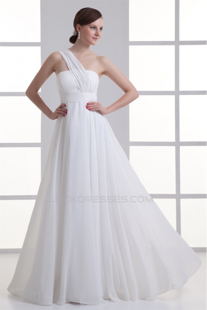 A-Line One-Shoulder Sleeveless Chiffon Long White Bridesmaid Dresses 02010185