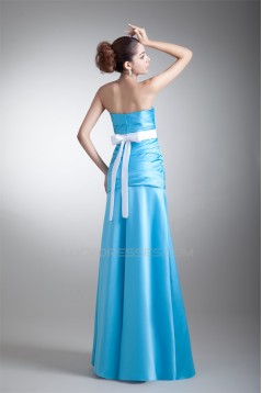 A-Line Floor-Length Sleeveless Satin Handmade Flowers Long Bridesmaid Dresses 02010194