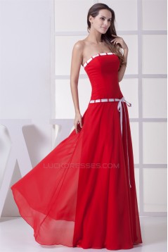 A-Line Strapless Satin Chiffon Sleeveless Long Red Bridesmaid Dresses 02010236