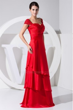 A-Line Cap-Sleeve Sweetheart Elastic Woven Satin Beading Long Red Bridesmaid Dresses 02010239