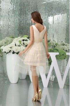A-Line Tea Length V-Neck Fine Netting Sleeveless Bridesmaid Dresses  02010393