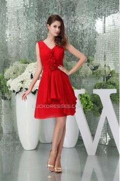 Affordable V-Neck Ruffles Knee-Length Short Red Chiffon Bridesmaid Dresses 02010394