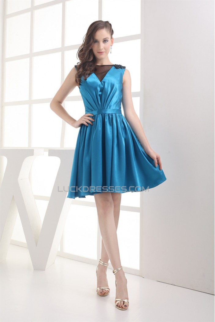V-Neck Silk like Satin Fine Netting Sleeveless Bridesmaid Dresses 02010395