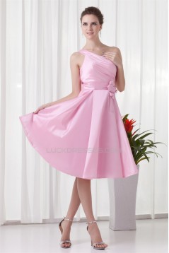 A-Line Handmade Flowers One-Shoulder Short Pink Bridesmaid Dresses 02010483