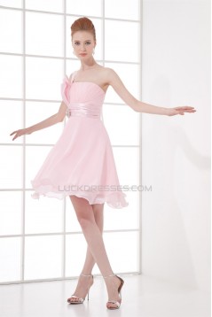 Knee-Length One-Shoulder Sleeveless Pleats Short Pink Bridesmaid Dresses 02010492