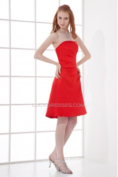 A-Line Knee-Length Pleats Sleeveless Elastic Woven Satin Short Red Bridesmaid Dresses 02010493