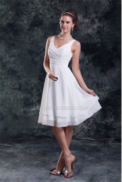 A-Line V-Neck Knee-Length Ruffles Short White Bridesmaid Dresses 02010507