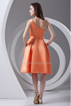 A-Line Knee-Length One-Shoulder Sleeveless Satin Short Bridesmaid Dresses 02010510