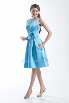 Satin Handmade Flowers Sleeveless Sheath/Column Short Blue Bridesmaid Dresses 02010511