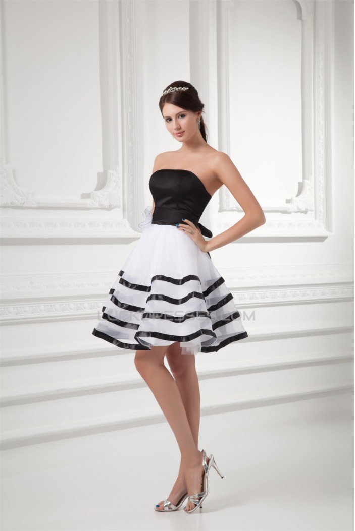 Short/Mini A-Line Satin Organza Handmade Flowers Black White Bridesmaid Dresses 02010517