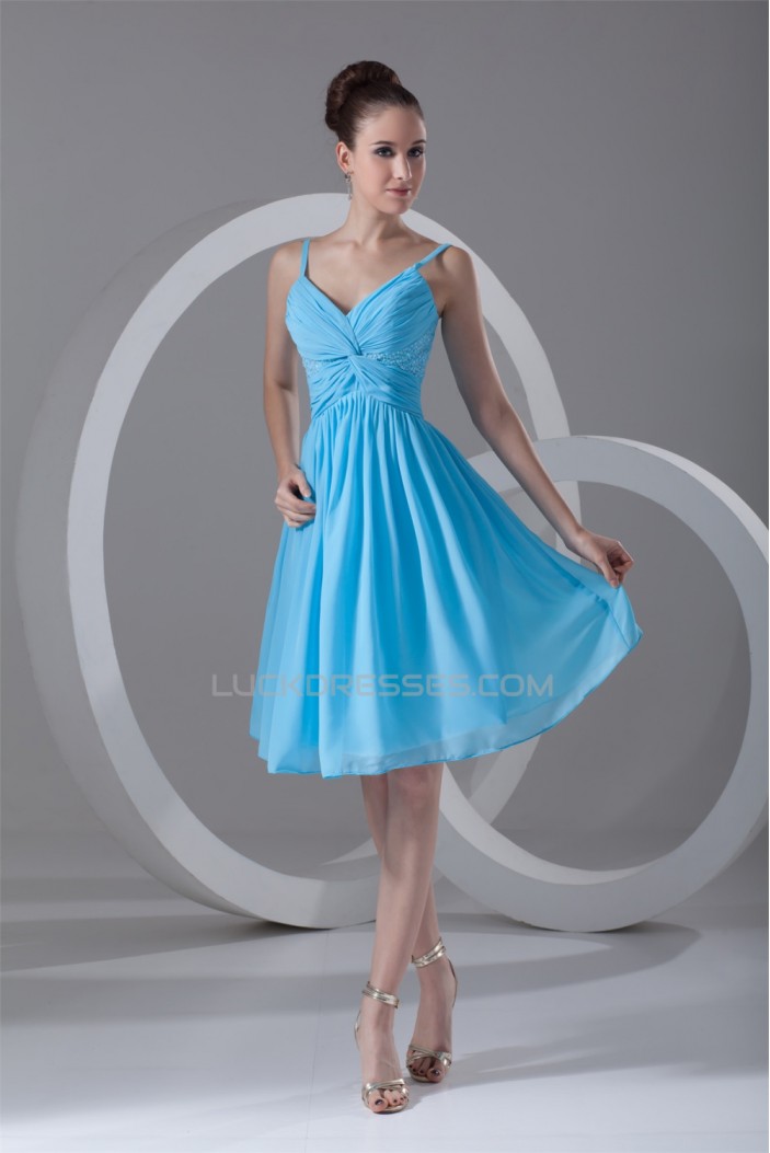 A-Line Spaghetti Straps Beaded Short Blue Chiffon Bridesmaid Dresses 02010535