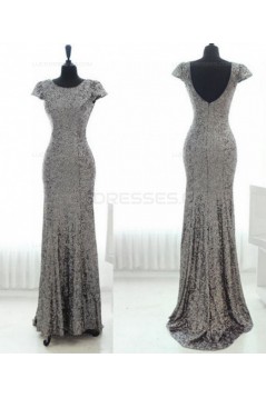 Latest Sequins Cap-Sleeves Silver Long Bridesmaid Dresses 3010001