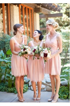 A-Line V-Neck Straps Sleeveless Short Pink Chiffon Bridesmaid Dresses 3010015