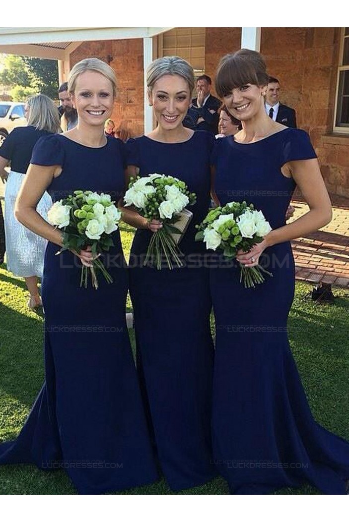 Trumpet/Mermaid Cap-Sleeves Long Blue Wedding Party Dresses Bridesmaid Dresses 3010043