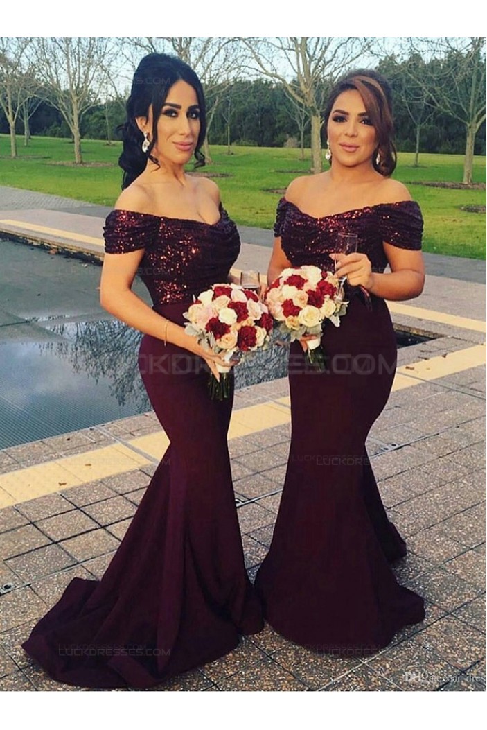 Trumpet/Mermaid Off-the-Shoulder Sequins Long Purple Wedding Party Dresses Bridesmaid Dresses 3010050