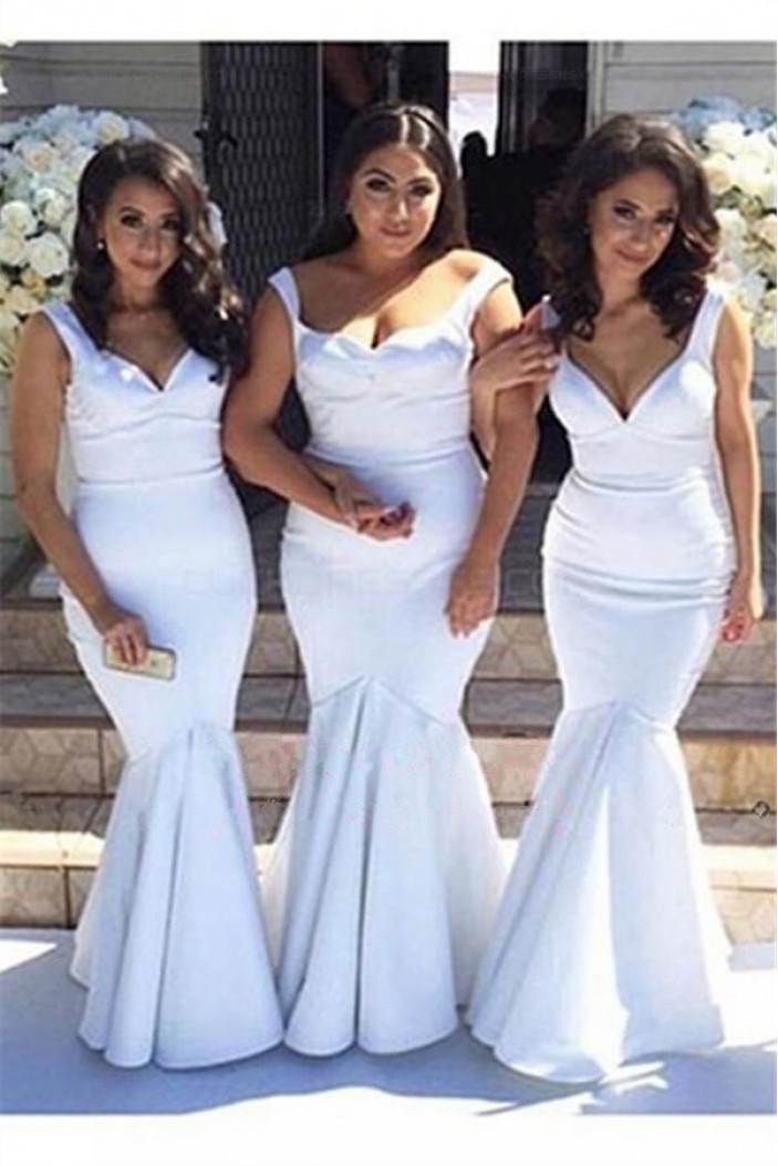 Trumpet/Mermaid Straps Sleeves Long White Wedding Party Dresses Bridesmaid Dresses 3010071