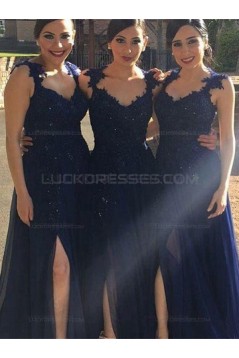 Long Navy Blue Lace Straps Sleeveless Wedding Party Dresses Bridesmaid Dresses 3010080