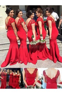 Trumpet/Mermaid Cap-Sleeves V-neck Lace Long Red Wedding Party Dresses Bridesmaid Dresses 3010092
