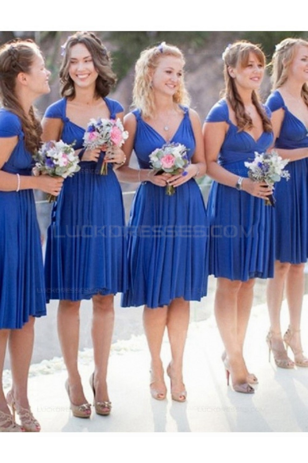 Short Blue V Neck Knee Length Wedding Guest Dresses Bridesmaid Dresses 3010191