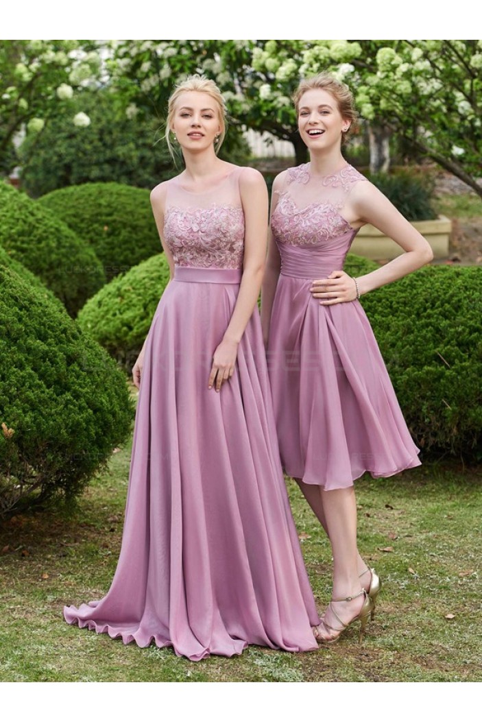 A-Line Lace Chiffon Illusion Neckline Long Wedding Guest Dresses ...