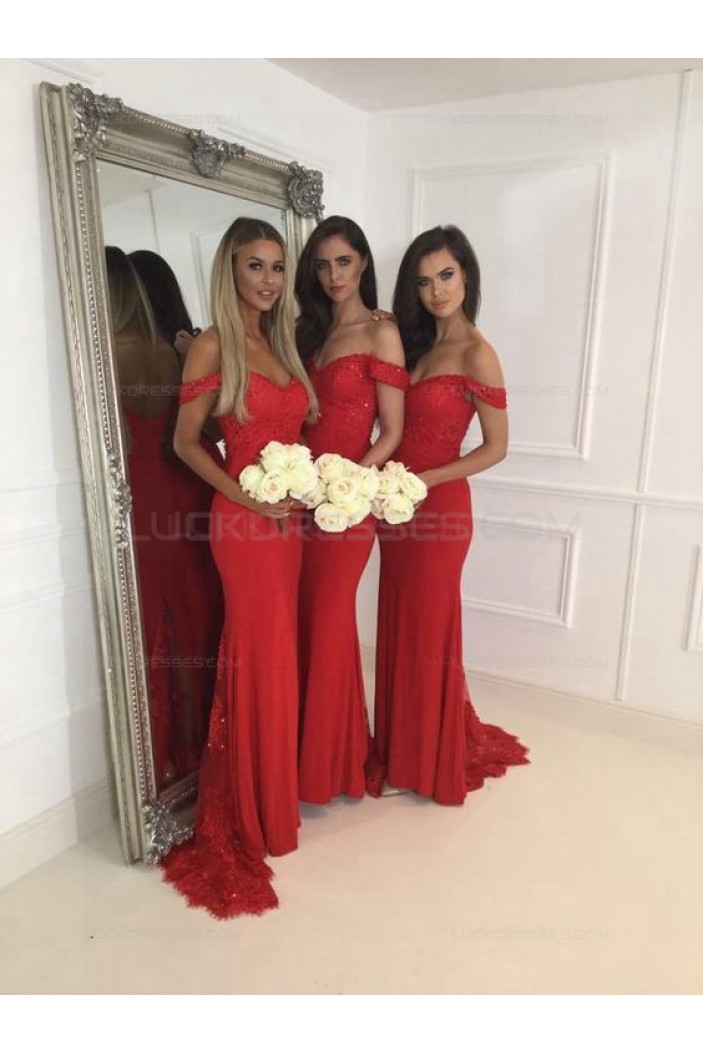 Mermaid Off-the-Shoulder Long Red Lace Wedding Guest Dresses Bridesmaid Dresses 3010228