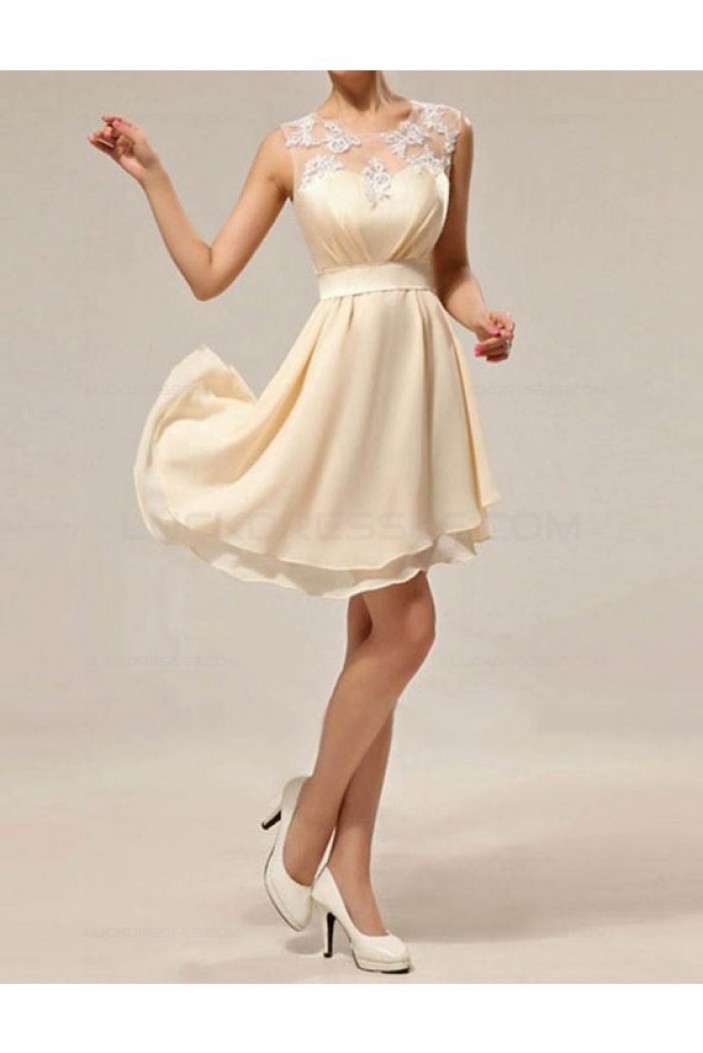 A-Line Illusion Neckline Lace Chiffon Short Wedding Guest Dresses Bridesmaid Dresses 3010238