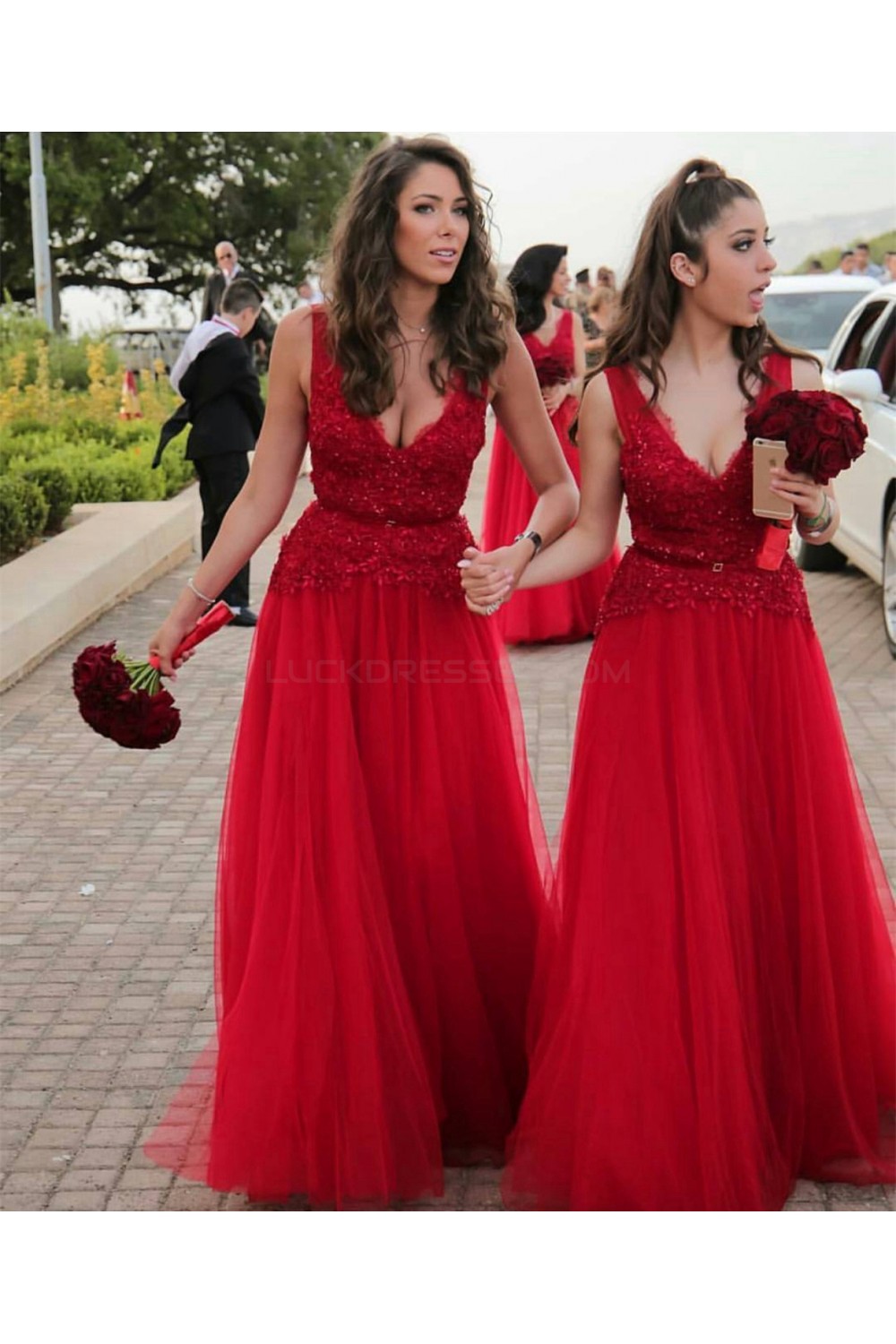 red lace bridesmaid dress