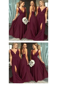 A-Line Floor Length V-Neck Long Bridesmaid Dresses with Slit 3010276
