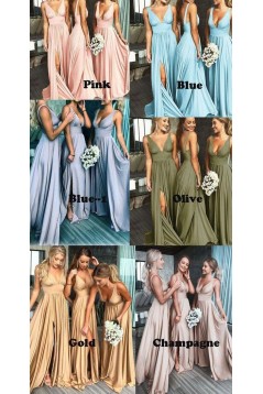 A-Line Floor Length V-Neck Long Bridesmaid Dresses with Slit 3010280