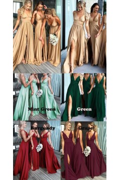 A-Line Floor Length V-Neck Long Bridesmaid Dresses with Slit 3010282