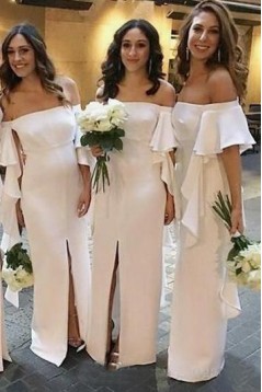 Long White Off-the-Shoulder Bridesmaid Dresses with Slit 3010286