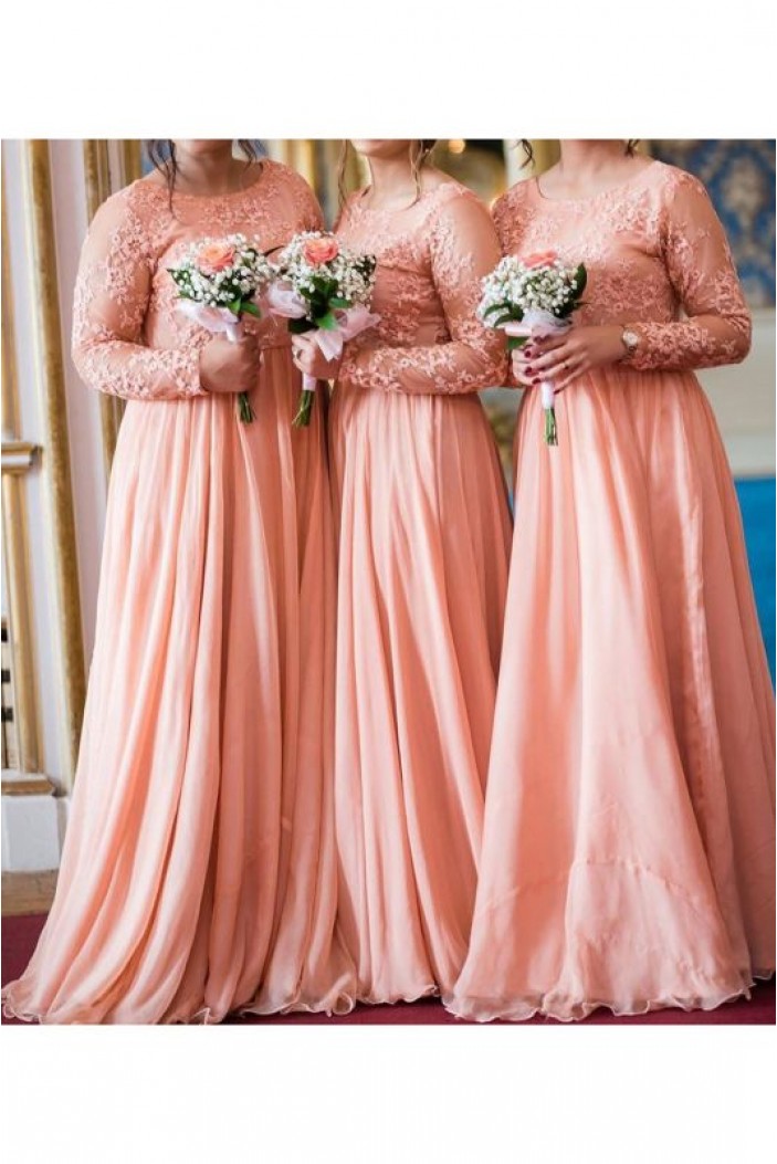 A-Line Long Sleeves Lace and Chiffon Long Bridesmaid Dresses 3010394