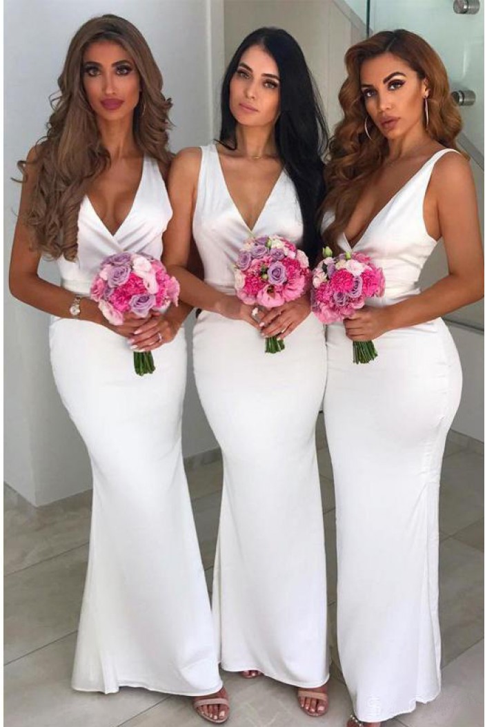 Mermaid Long White V-Neck Floor Length Bridesmaid Dresses 3010525