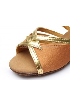 Women's Kids' Brown Satin Sandals Flats Latin Dance Shoes Chunky Heels Dance Shoes D601002