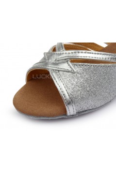 Women's Kids' Silver Sparkling Glitter Sandals Flats Latin Dance Shoes Chunky Heels Dance Shoes D601003