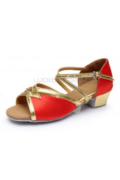 Women's Kids' Red Satin Sandals Flats Latin Dance Shoes Chunky Heels Dance Shoes D601004