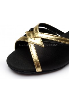 Women's Kids' Black Satin Sandals Flats Latin Dance Shoes Chunky Heels Dance Shoes D601006