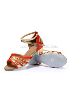 Women's Kids' Red Satin Gold Sparkling Glitter Flats Sandals Latin Dance Shoes Flower Girl Shoes D601007