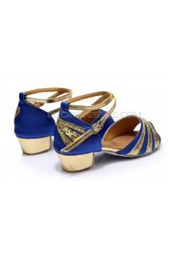 Women's Kids' Blue Satin Gold Sparkling Glitter Flats Sandals Latin Dance Shoes Flower Girl Shoes D601008