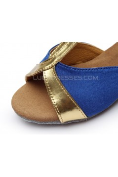 Women's Kids' Blue Satin Flats Latin Salsa T-Strap Dance Shoes Chunky Heels Dance Shoes D601033