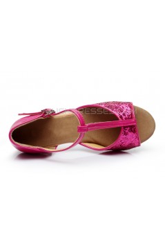 Women's Kids' Fuschia Sparkling Glitter Flats Latin Salsa T-Strap Dance Shoes Chunky Heels Wedding Party Shoes D601036