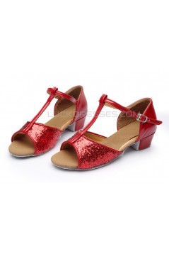 Women's Kids' Red Sparkling Glitter Flats Latin Salsa T-Strap Dance Shoes Chunky Heels Wedding Party Shoes D601037
