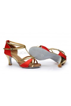 Women's Red Leatherette Satin Heels Sandals Latin Salsa With T-Strap Buckle Dance Shoes D602005